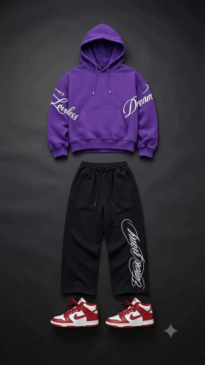 Complete streetwear look: purple hoodie, black trousers and red sneakers laid out together